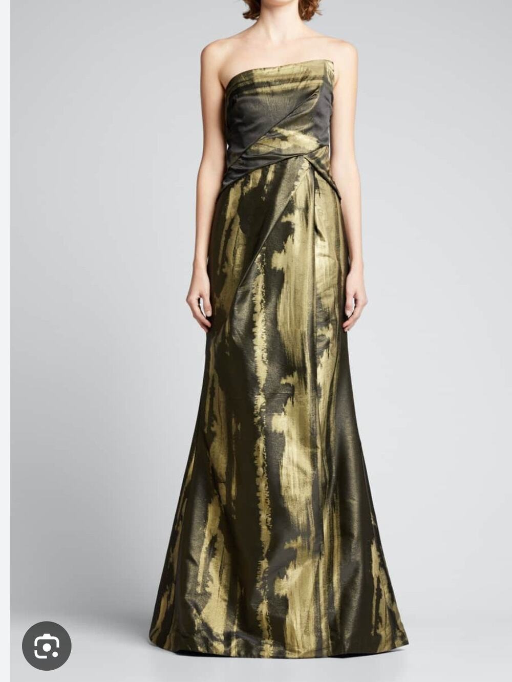 Rene Ruiz Collection Metallic Jacquard Strapless Draped Gown Black Gold 6 NWT
